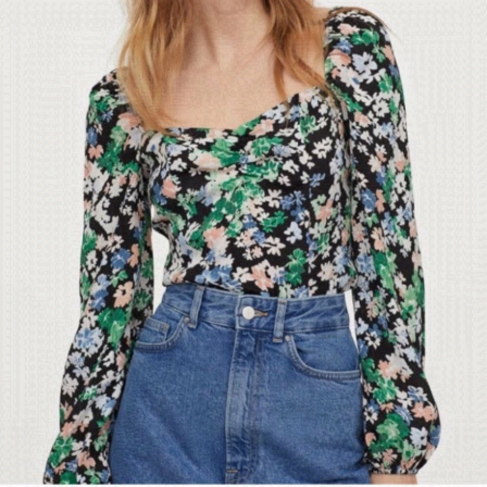 𝅺fitted crepe blouse shirt bohemian style floral long sleeves
